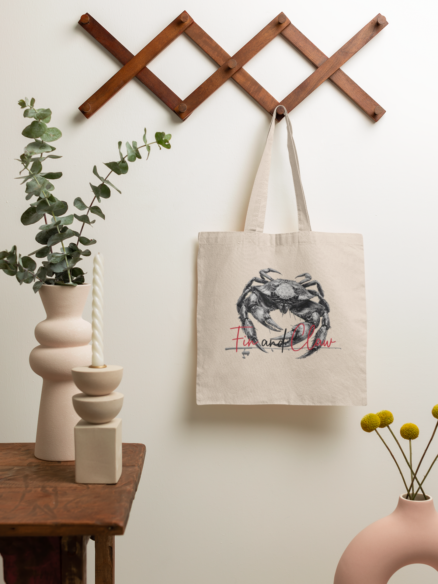 Canvas tote bag featuring the Fin and Claw Dungeness Crab design.