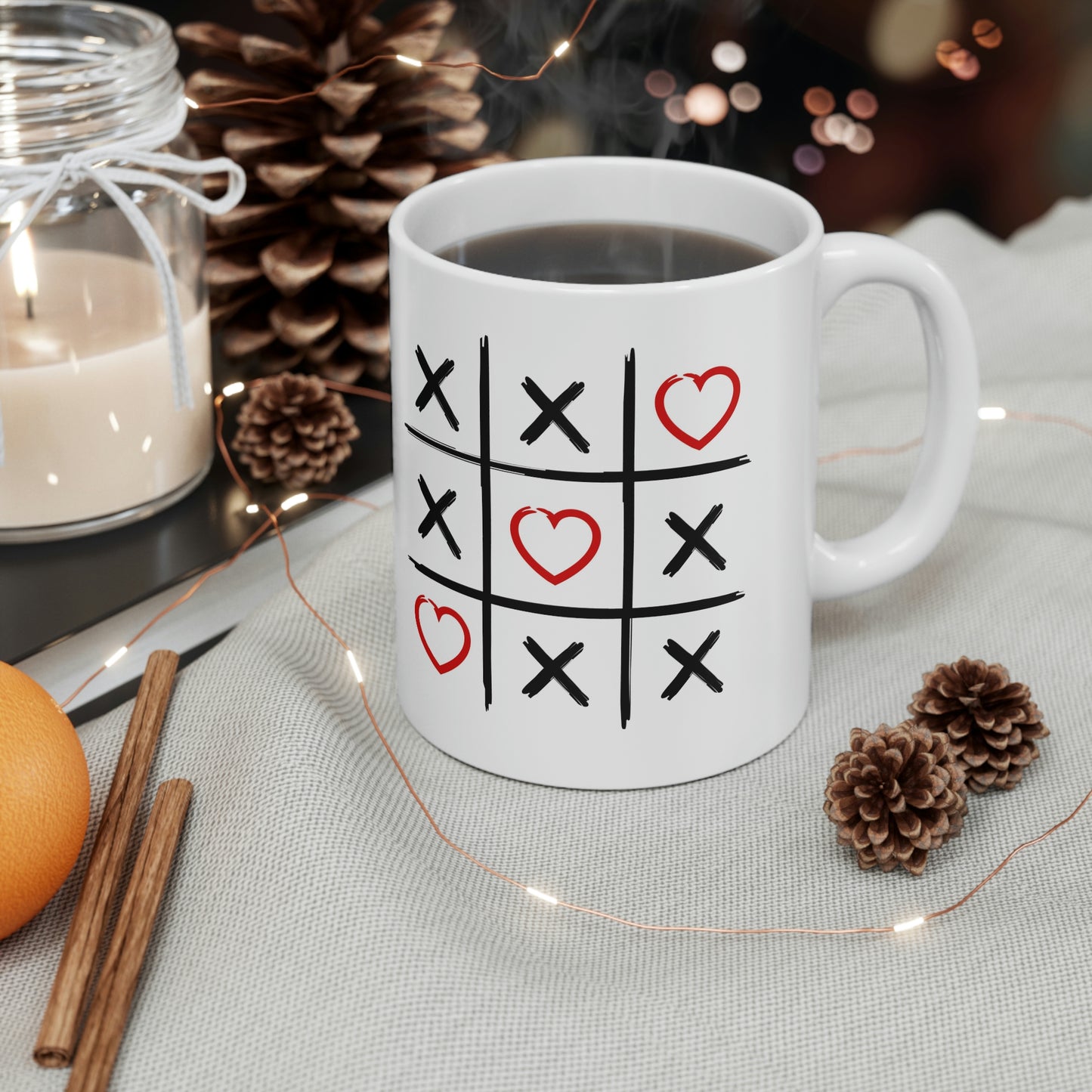 Coffee Mugs, Tic Tac Toe Hearts Mug 11oz, Valentines Gift, Birthday Gift