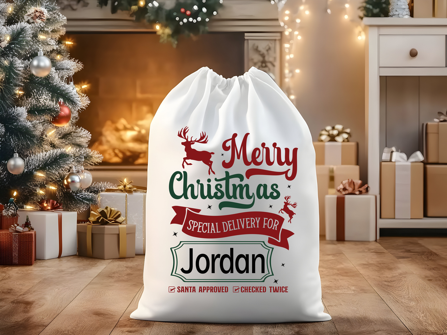 Personalized Santa Sack – Custom Christmas Gift Bag with Name - Merry Christmas Special Delivery Santa Approved and Checked Twice.