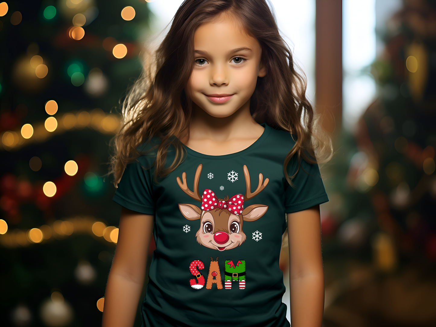 Personalized Kids' Christmas T-shirts with Reindeer and name.