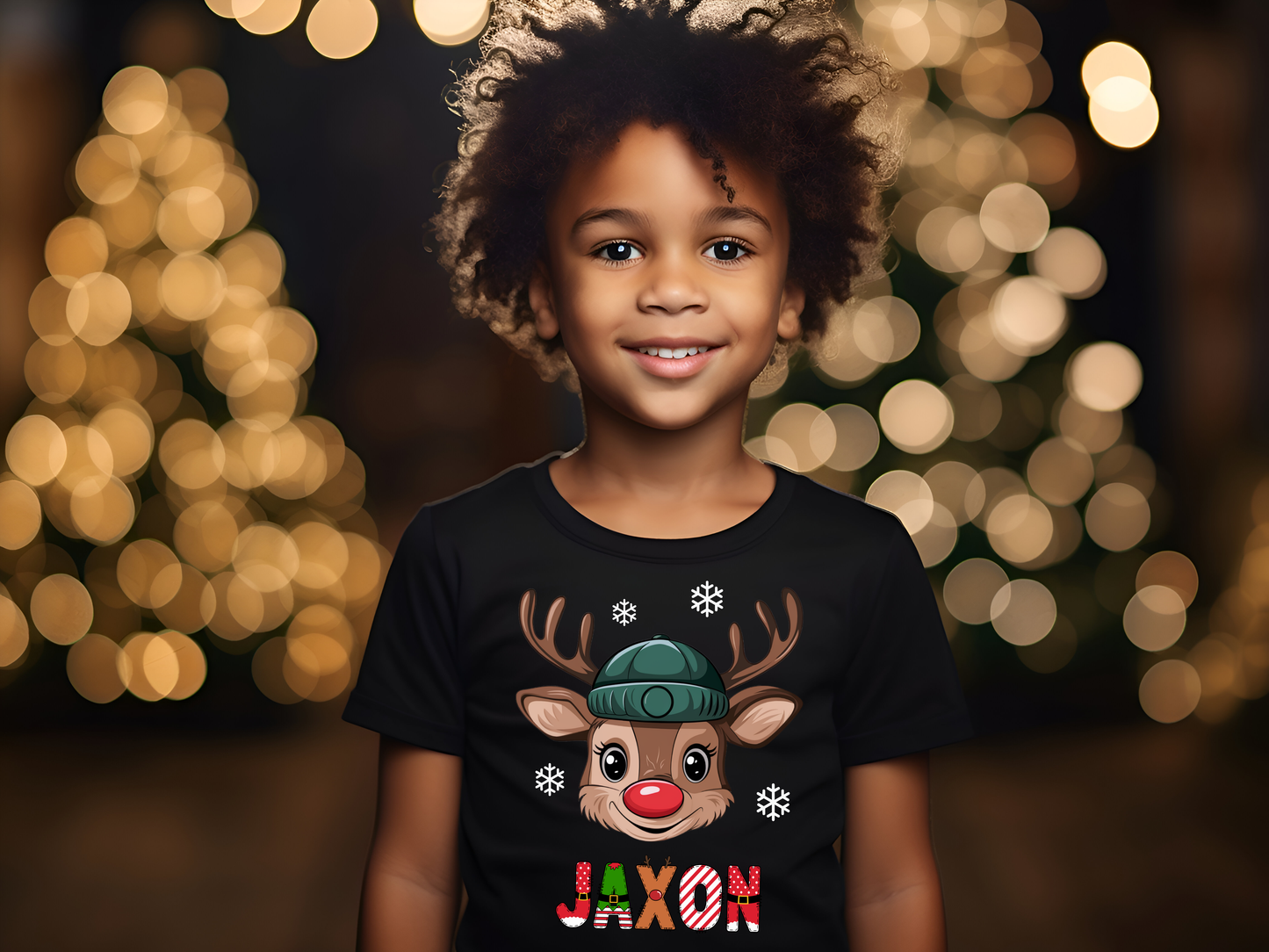 Personalized Kids' Christmas T-shirts with Reindeer and name.