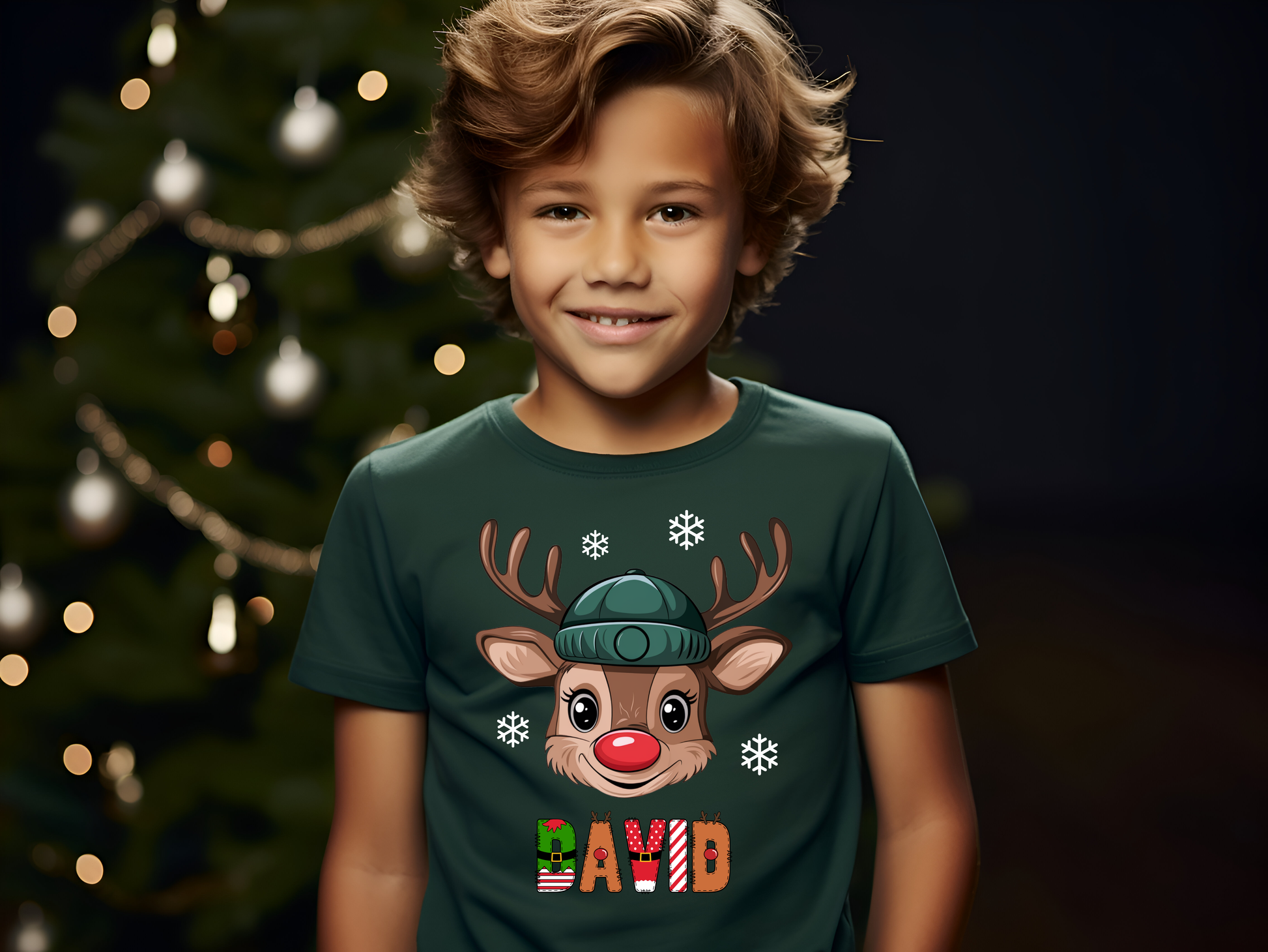 Personalized Kids' Christmas T-shirts with Reindeer and name.