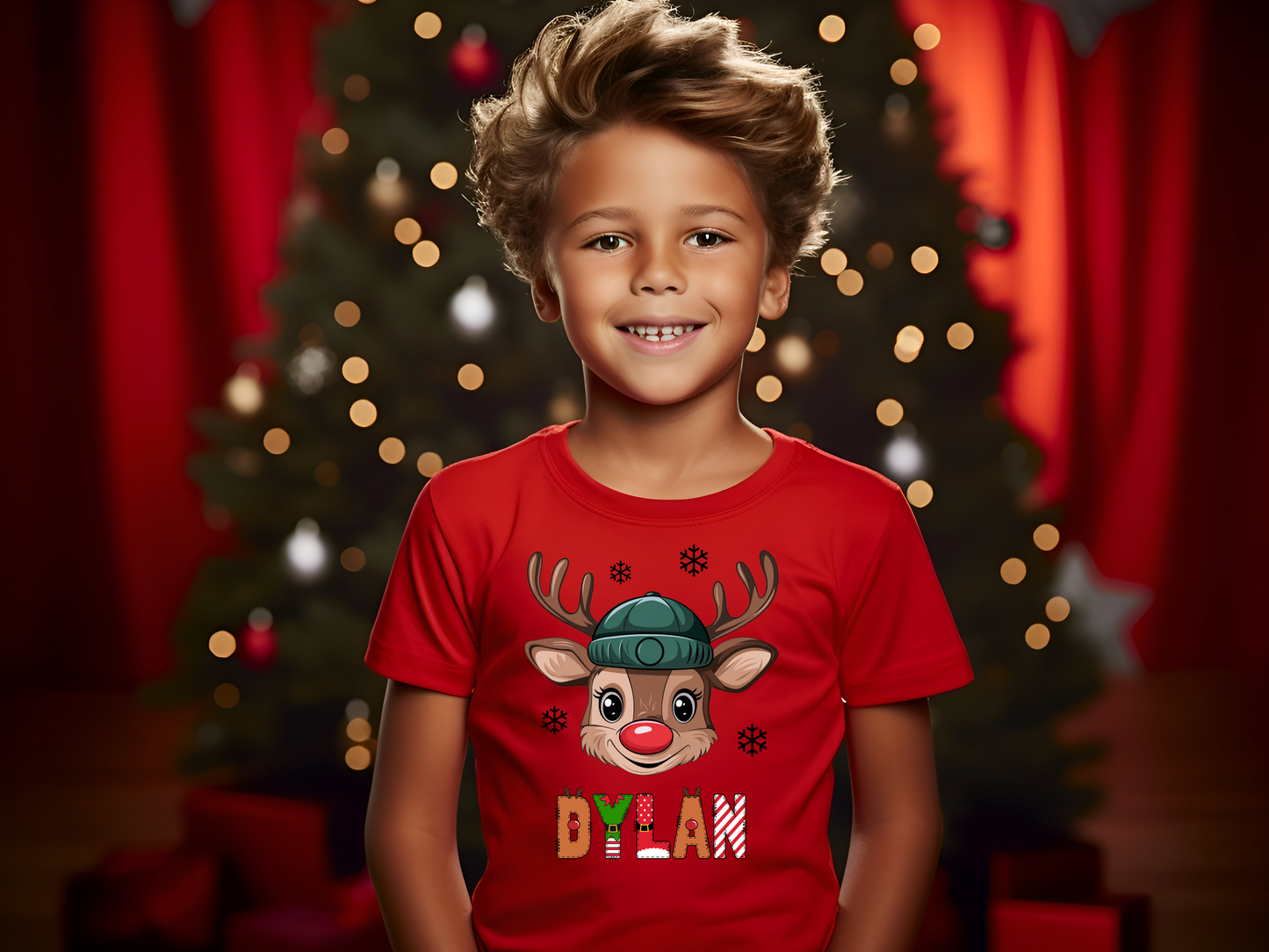 Personalized Kids' Christmas T-shirts with Reindeer and name.