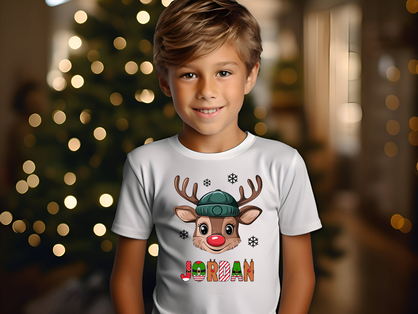 Personalized Kids' Christmas T-shirts with Reindeer and name.
