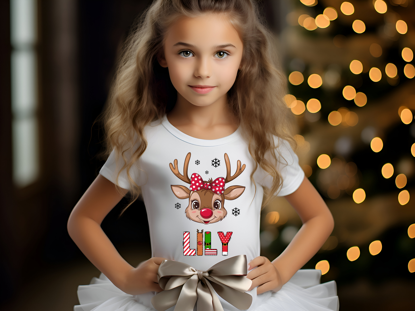 Personalized Kids' Christmas T-shirts with Reindeer and name.