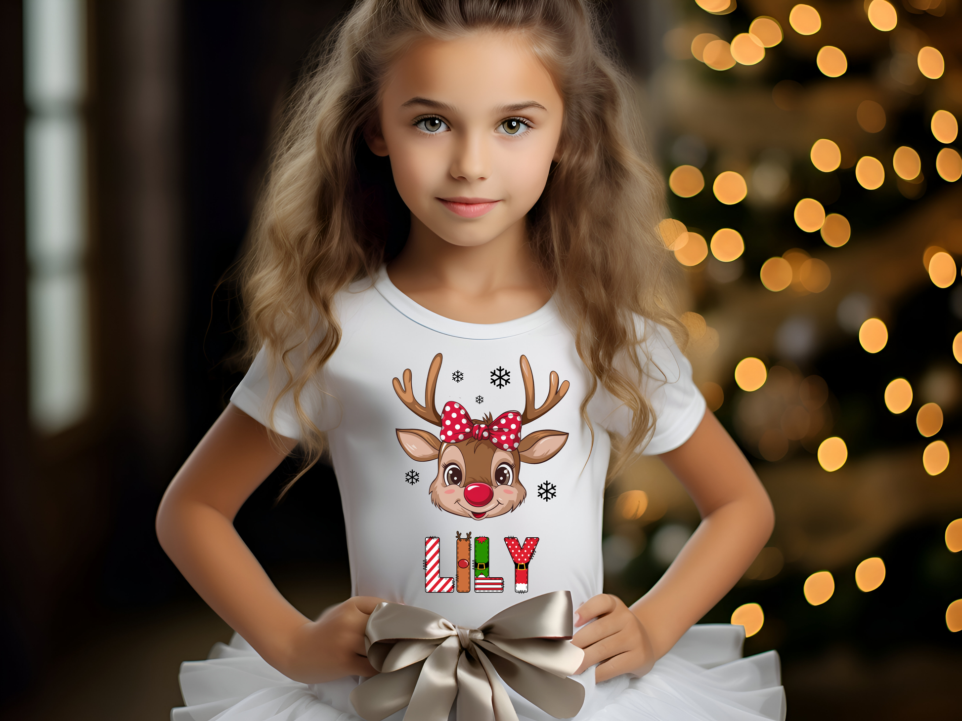Personalized Kids' Christmas T-shirts with Reindeer and name.