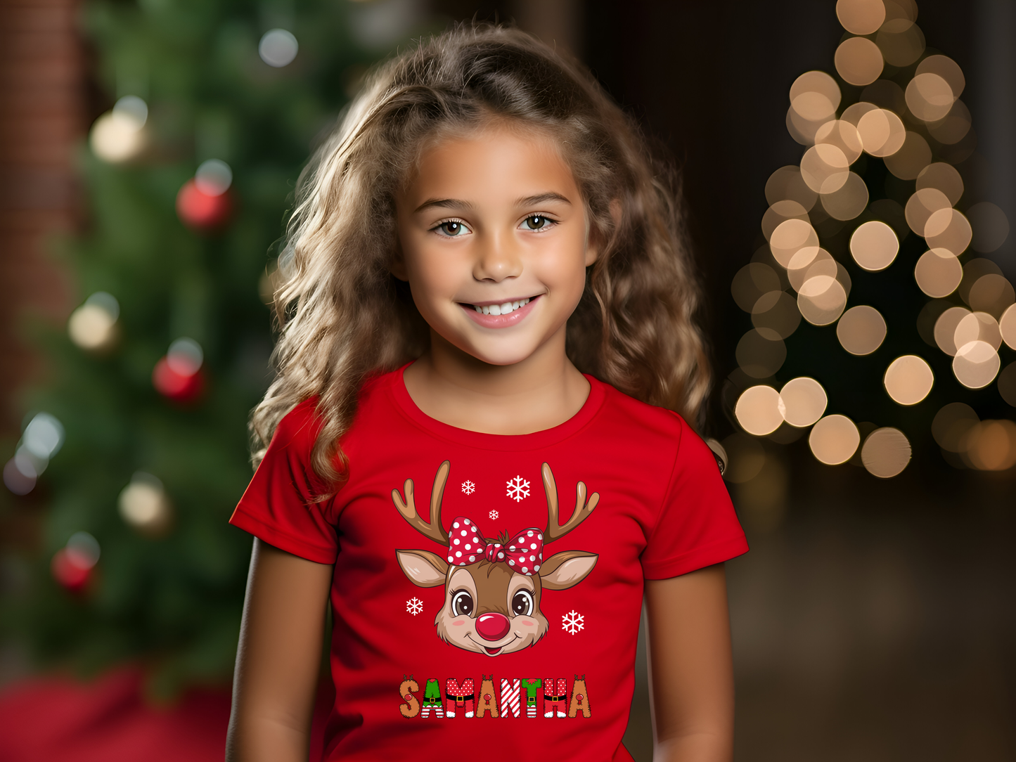 Personalized Kids' Christmas T-shirts with Reindeer and name.