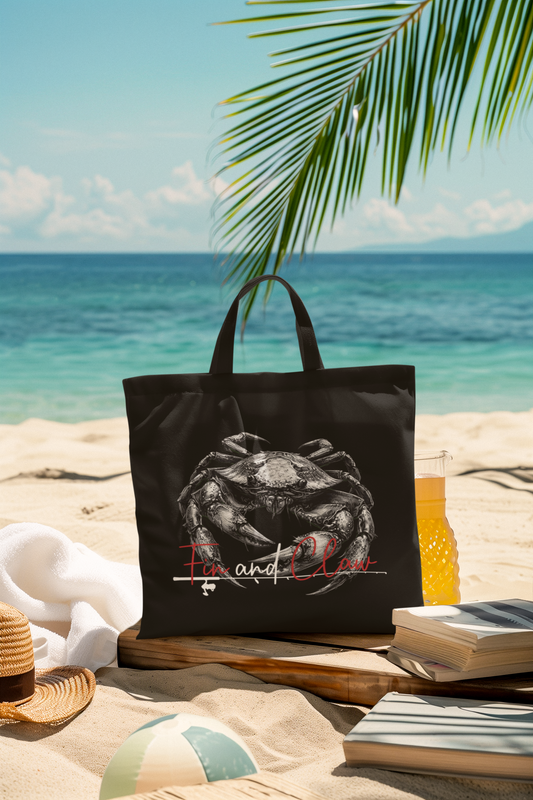 Heavy-duty canvas tote bag featuring the Fin and Claw Dungeness Crab design