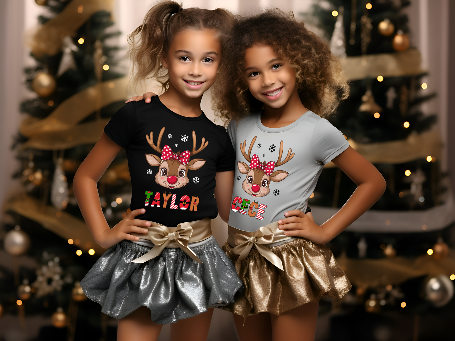 Personalized Kids' Christmas T-shirts with Reindeer and name.